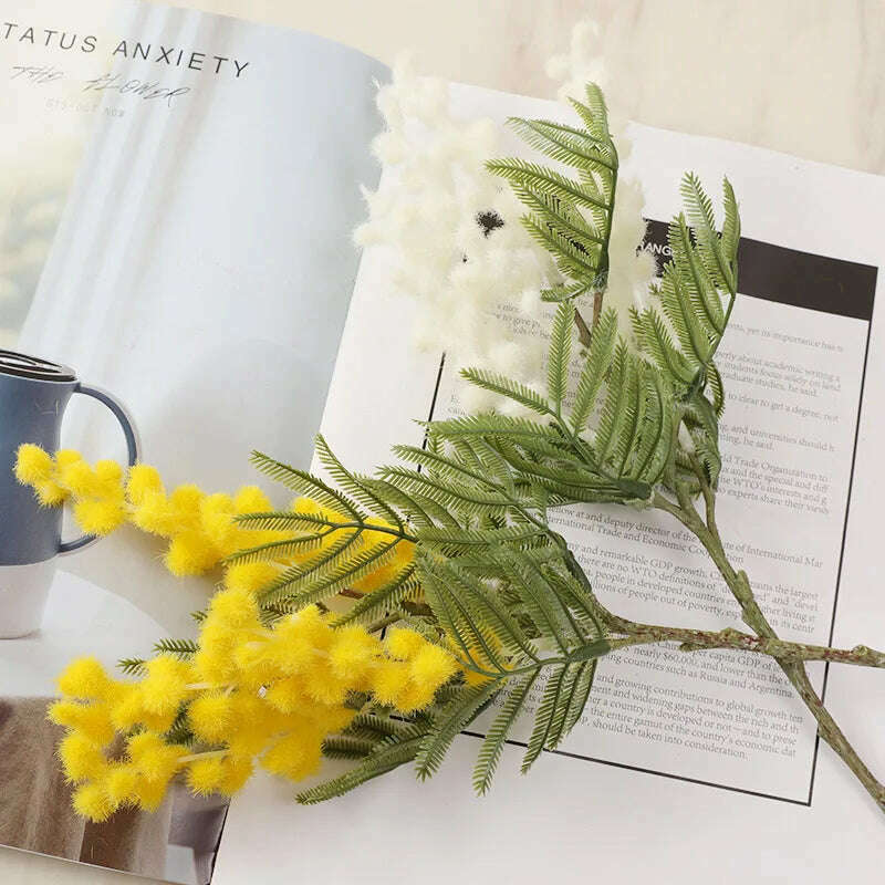 38cm Fake Acacia Artificial Flowers Yellow Mimosa Spray Cherry Fruit Branch Wedding Home Table Decoration Fake Flower - KIMLUD