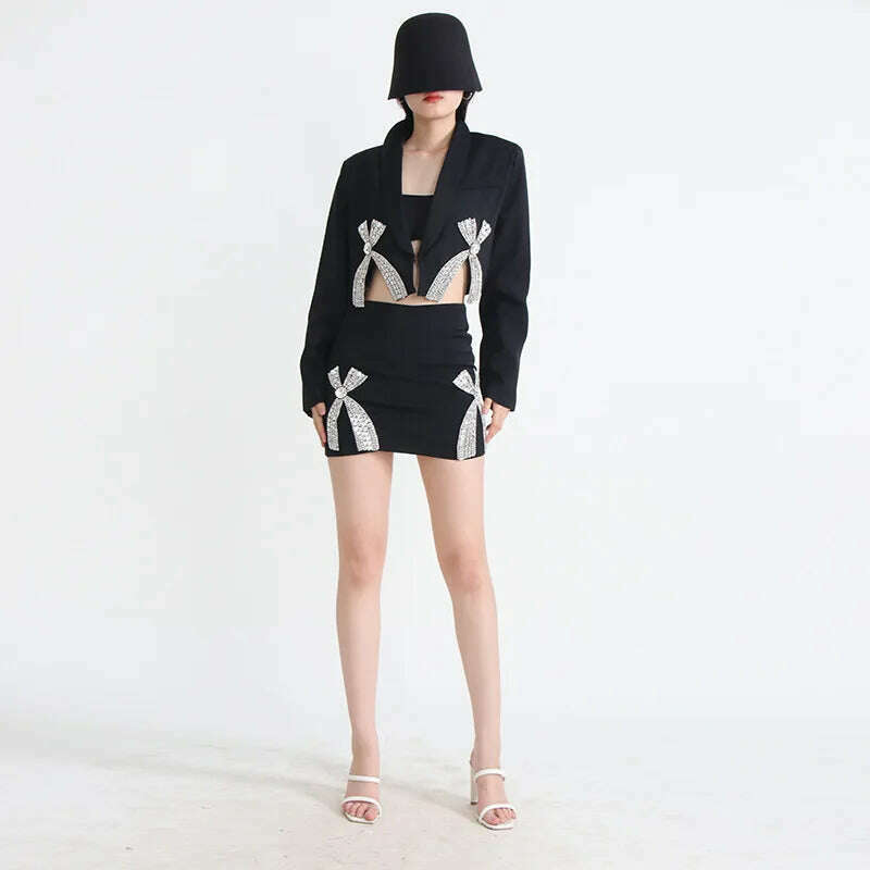 3D Bow Rhinestones Embellishment Suit Coat Diamonds Beaded Blazers Coat Crystal Cardigan + Short Bowtie A-Line Skirt 2pcs Set - KIMLUD