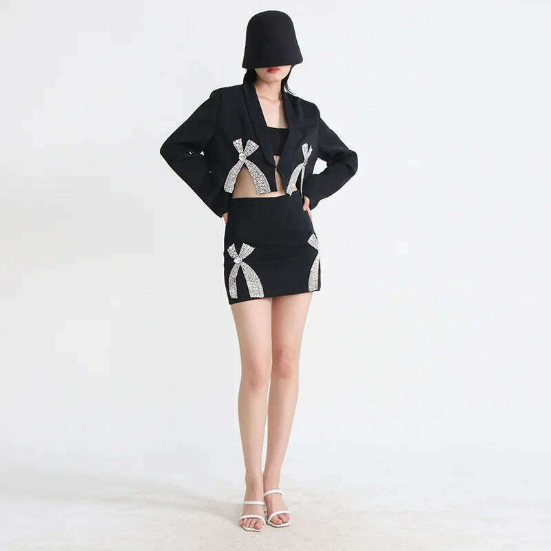 3D Bow Rhinestones Embellishment Suit Coat Diamonds Beaded Blazers Coat Crystal Cardigan + Short Bowtie A-Line Skirt 2pcs Set - KIMLUD