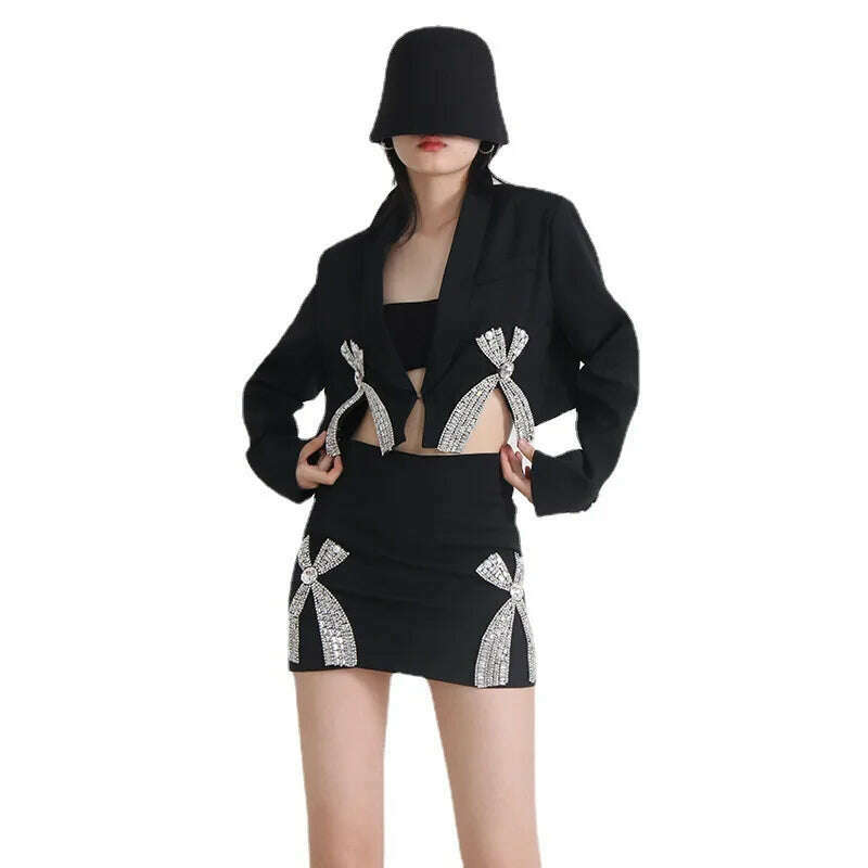 3D Bow Rhinestones Embellishment Suit Coat Diamonds Beaded Blazers Coat Crystal Cardigan + Short Bowtie A-Line Skirt 2pcs Set - KIMLUD