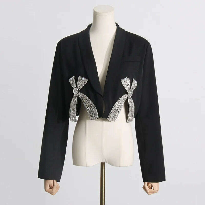 3D Bow Rhinestones Embellishment Suit Coat Diamonds Beaded Blazers Coat Crystal Cardigan + Short Bowtie A-Line Skirt 2pcs Set - KIMLUD