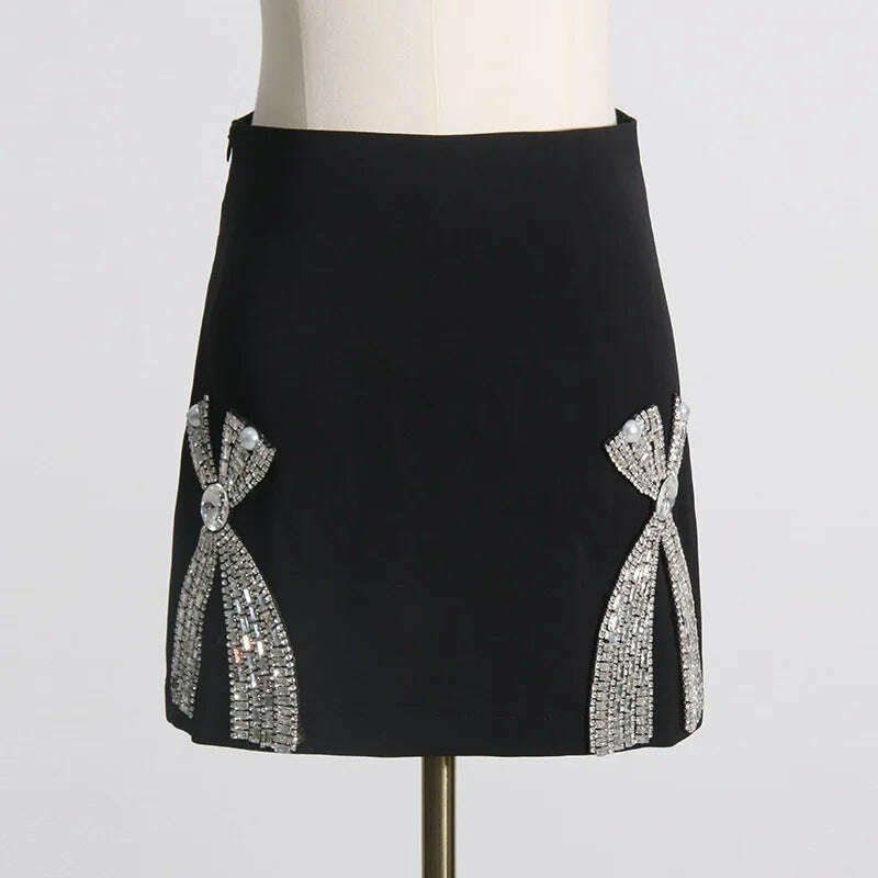3D Bow Rhinestones Embellishment Suit Coat Diamonds Beaded Blazers Coat Crystal Cardigan + Short Bowtie A-Line Skirt 2pcs Set - KIMLUD