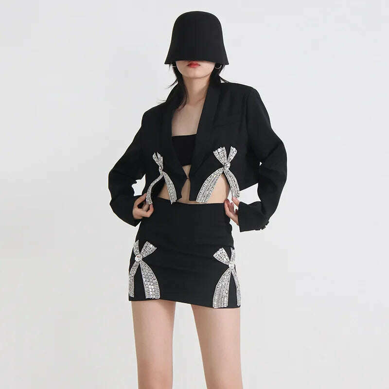 3D Bow Rhinestones Embellishment Suit Coat Diamonds Beaded Blazers Coat Crystal Cardigan + Short Bowtie A-Line Skirt 2pcs Set - KIMLUD