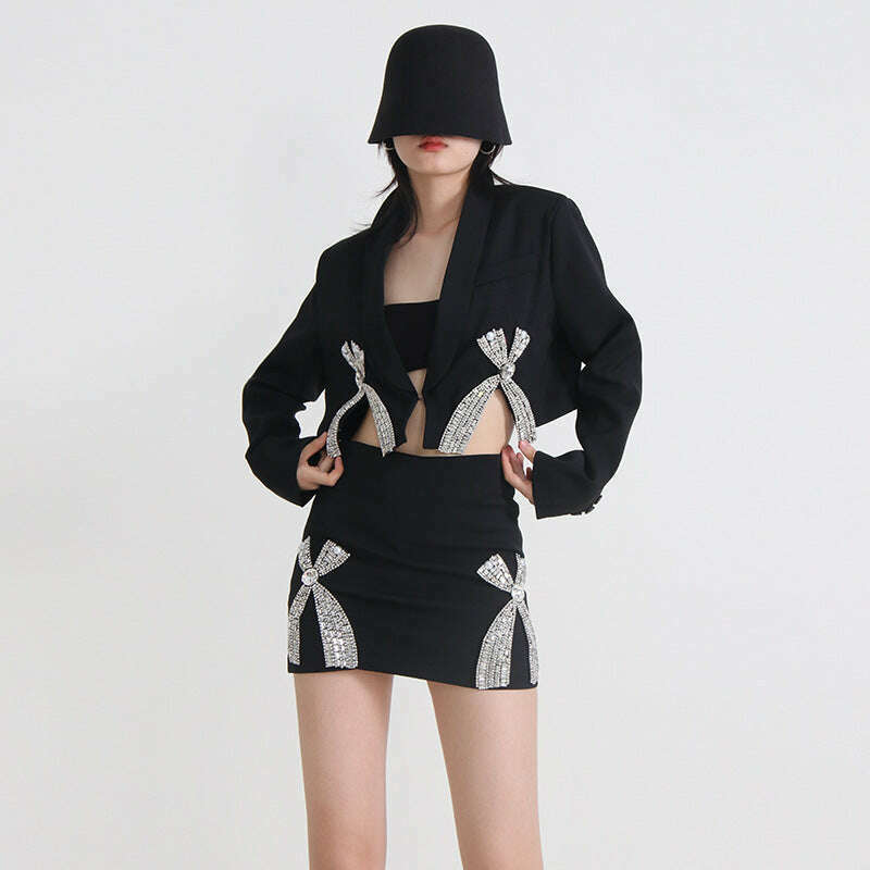 3D Bow Rhinestones Embellishment Suit Coat Diamonds Beaded Blazers Coat Crystal Cardigan + Short Bowtie A-Line Skirt 2pcs Set - KIMLUD