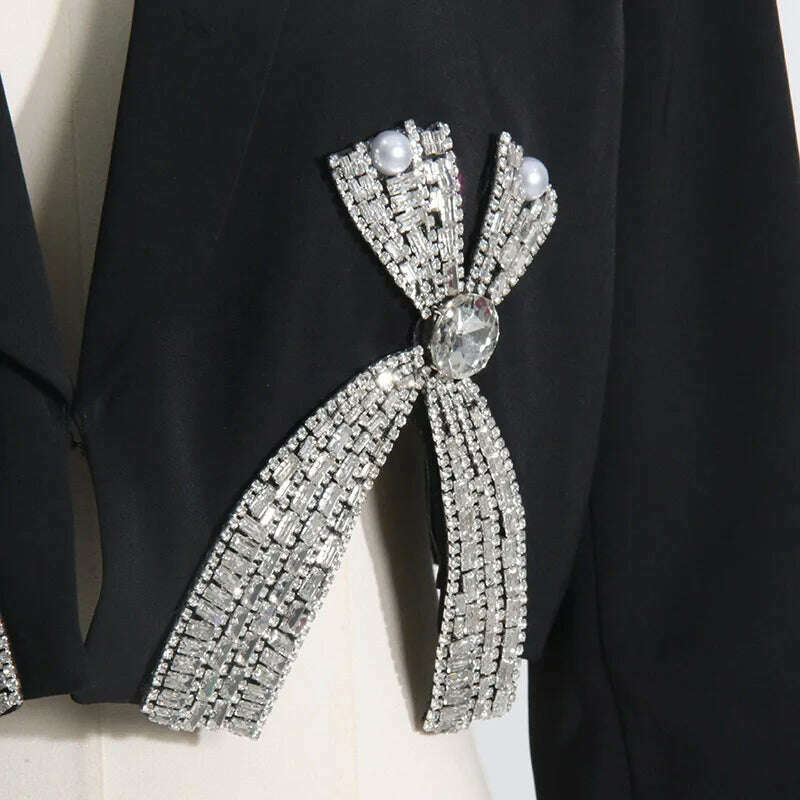 3D Bow Rhinestones Embellishment Suit Coat Diamonds Beaded Blazers Coat Crystal Cardigan + Short Bowtie A-Line Skirt 2pcs Set - KIMLUD