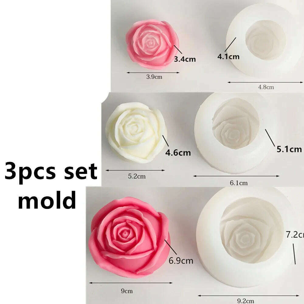 KIMLUD, 3D Large rose candle silicone mold Valentine's Day rose cake chocolate silicone mold home decoration resin plaster mold, 3pcs set mold, KIMLUD APPAREL - Womens Clothes