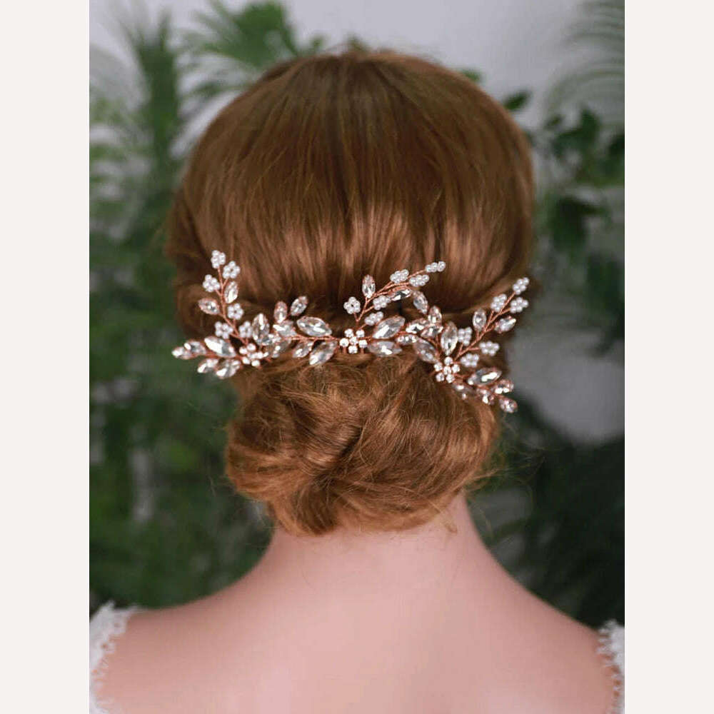 KIMLUD, 3PCS Bridal Hair Pins Rose Gold Silver Rhinestone Bride Headdress Women Flower Hair Jewelry Wedding Hair Accessories, KIMLUD Womens Clothes