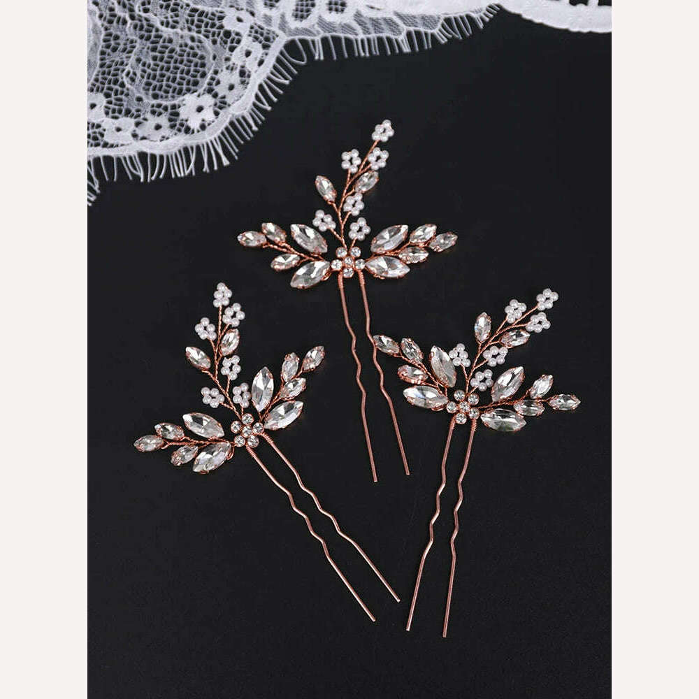 KIMLUD, 3PCS Bridal Hair Pins Rose Gold Silver Rhinestone Bride Headdress Women Flower Hair Jewelry Wedding Hair Accessories, Rose gold / CHINA, KIMLUD Womens Clothes