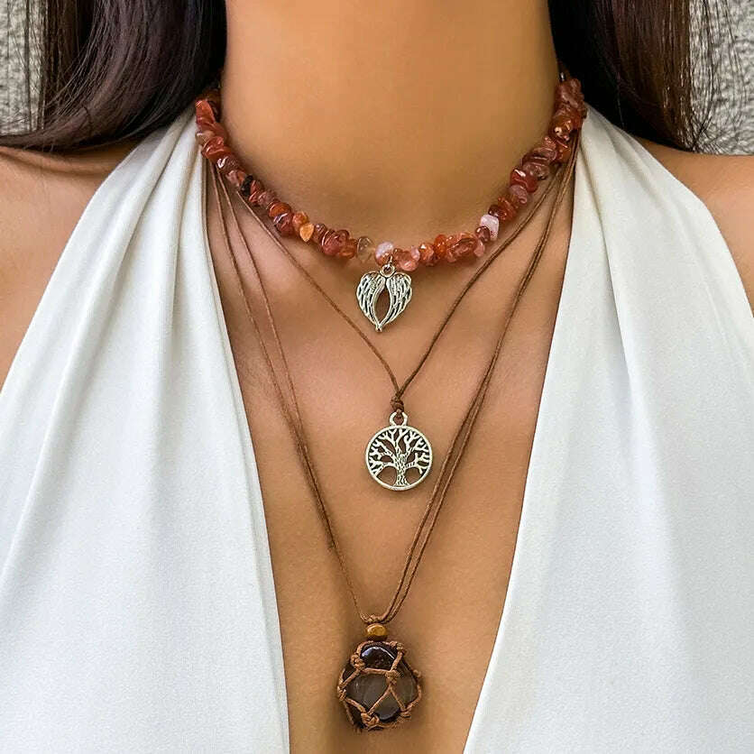 3Pcs Creative Stone Holder Cage Tree Dragonfly Pendant Choker Necklace Women Boho Rope Chain Aesthetic Y2K Jewelry Accessorie - KIMLUD