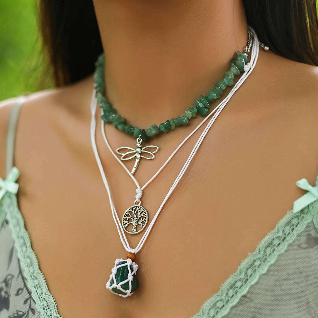 KIMLUD, 3Pcs Creative Stone Holder Cage Tree Dragonfly Pendant Choker Necklace Women Boho Rope Chain Aesthetic Y2K Jewelry Accessorie, Green Color, KIMLUD Womens Clothes