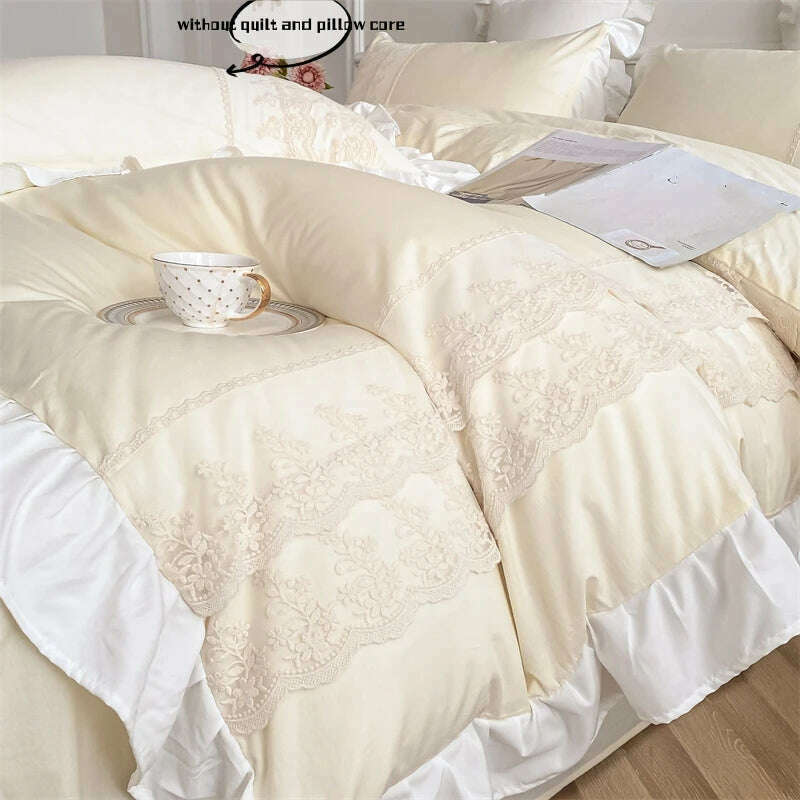 3pcs Princess style pillowcase set, duvet cover set with pillowcases, Lace bedding set, king and double, beige - KIMLUD