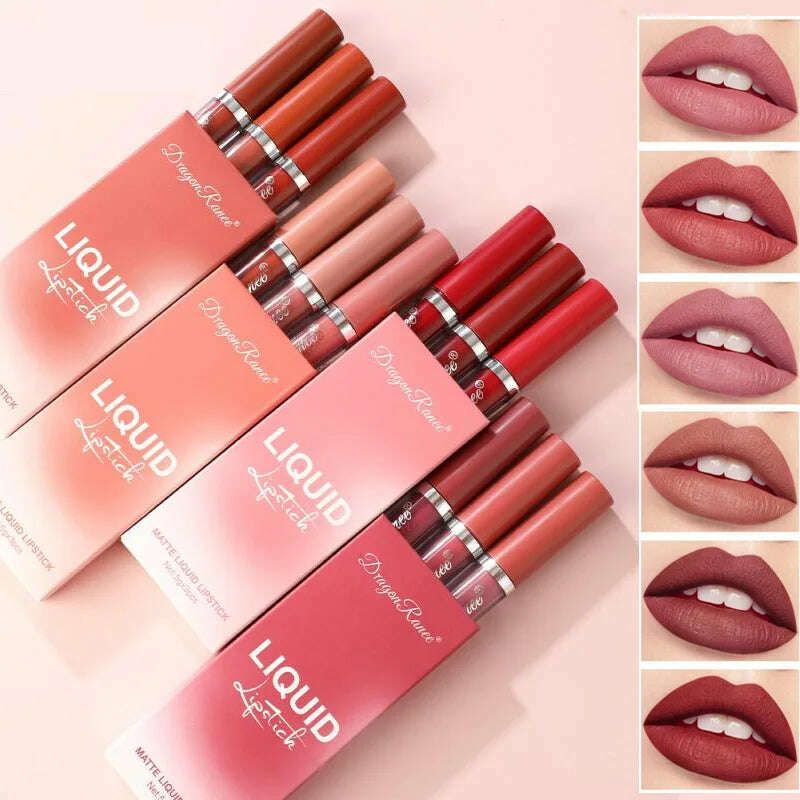 KIMLUD, 3pcs Velvet Matte Lip Gloss Set Waterproof Long-wear Liquid Lipstick Lip Colour Lips Daily Makeup Women Cosmetics, KIMLUD Women's Clothes