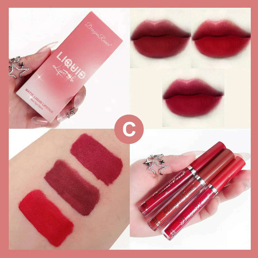 KIMLUD, 3pcs Velvet Matte Lip Gloss Set Waterproof Long-wear Liquid Lipstick Lip Colour Lips Daily Makeup Women Cosmetics, KIMLUD Womens Clothes