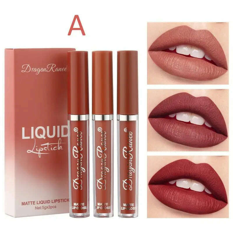 KIMLUD, 3pcs Velvet Matte Lip Gloss Set Waterproof Long-wear Liquid Lipstick Lip Colour Lips Daily Makeup Women Cosmetics, 01 / China, KIMLUD Womens Clothes