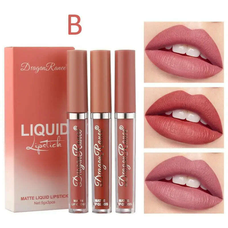 KIMLUD, 3pcs Velvet Matte Lip Gloss Set Waterproof Long-wear Liquid Lipstick Lip Colour Lips Daily Makeup Women Cosmetics, 02 / China, KIMLUD Womens Clothes