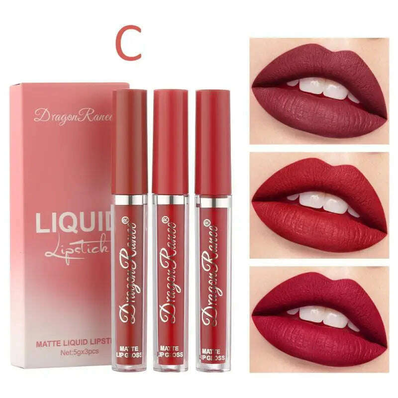 KIMLUD, 3pcs Velvet Matte Lip Gloss Set Waterproof Long-wear Liquid Lipstick Lip Colour Lips Daily Makeup Women Cosmetics, 03 / China, KIMLUD Womens Clothes