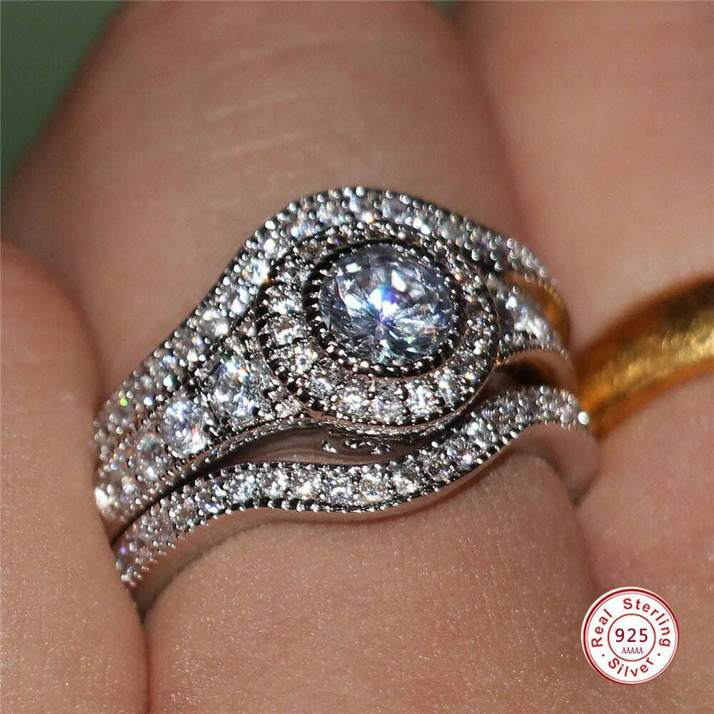 3Pcs/Set 2019 Luxury Round Cut AAA Zircon Crystal Rings For Women 925 Sterling Sliver Wedding Female Rings Set Jewelry - KIMLUD