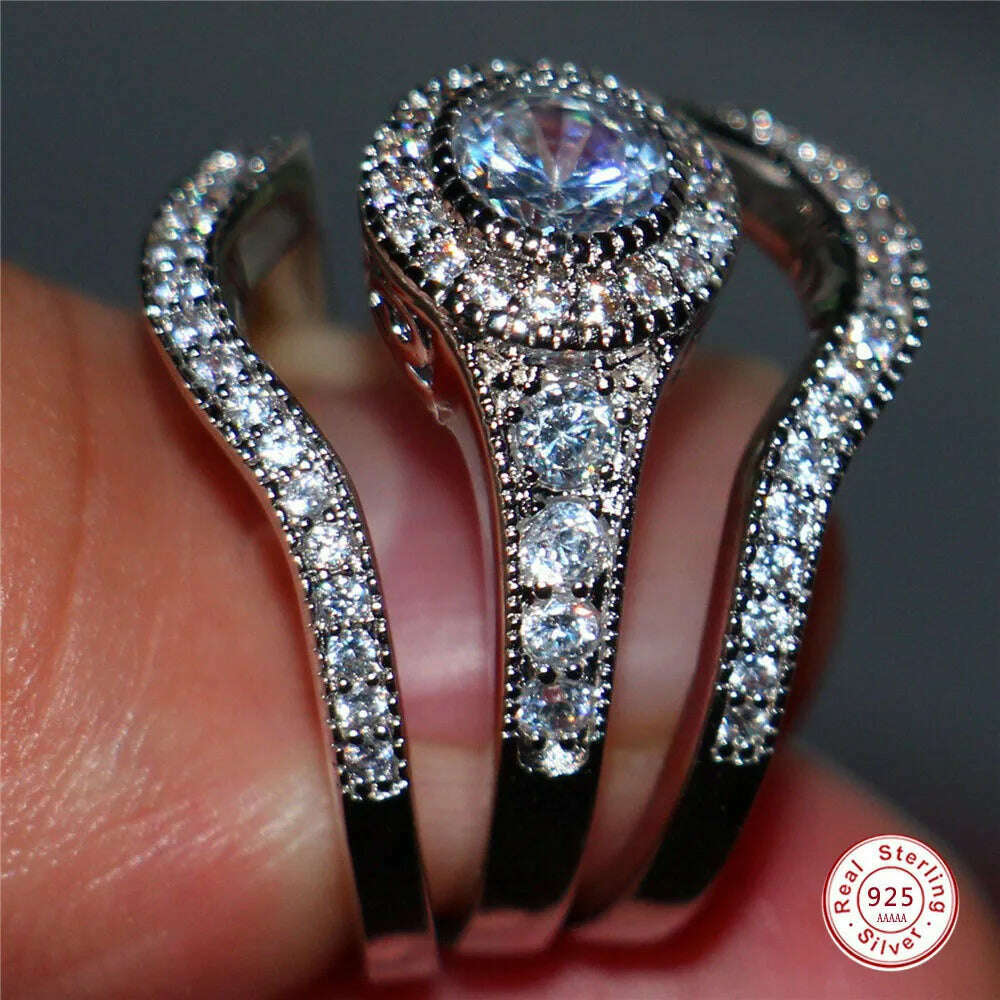 3Pcs/Set 2019 Luxury Round Cut AAA Zircon Crystal Rings For Women 925 Sterling Sliver Wedding Female Rings Set Jewelry - KIMLUD