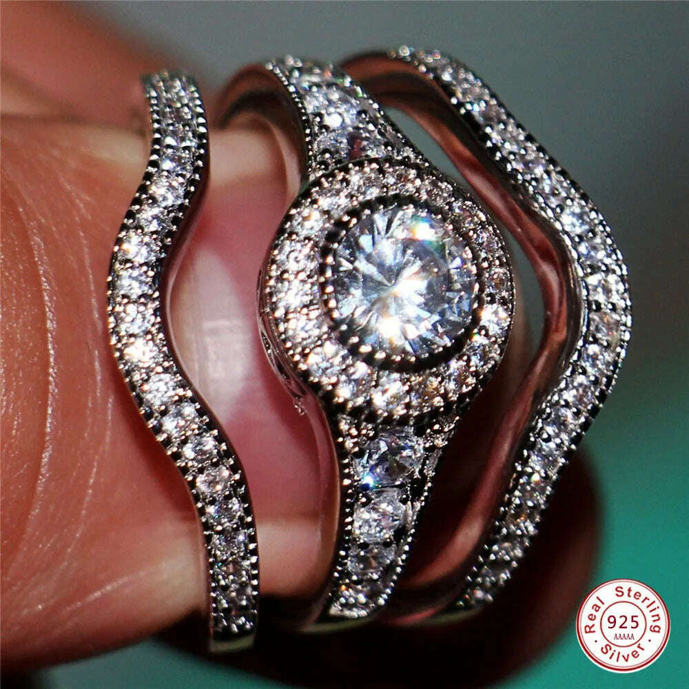 3Pcs/Set 2019 Luxury Round Cut AAA Zircon Crystal Rings For Women 925 Sterling Sliver Wedding Female Rings Set Jewelry - KIMLUD