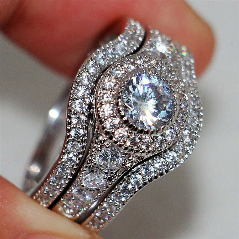 3Pcs/Set 2019 Luxury Round Cut AAA Zircon Crystal Rings For Women 925 Sterling Sliver Wedding Female Rings Set Jewelry - KIMLUD