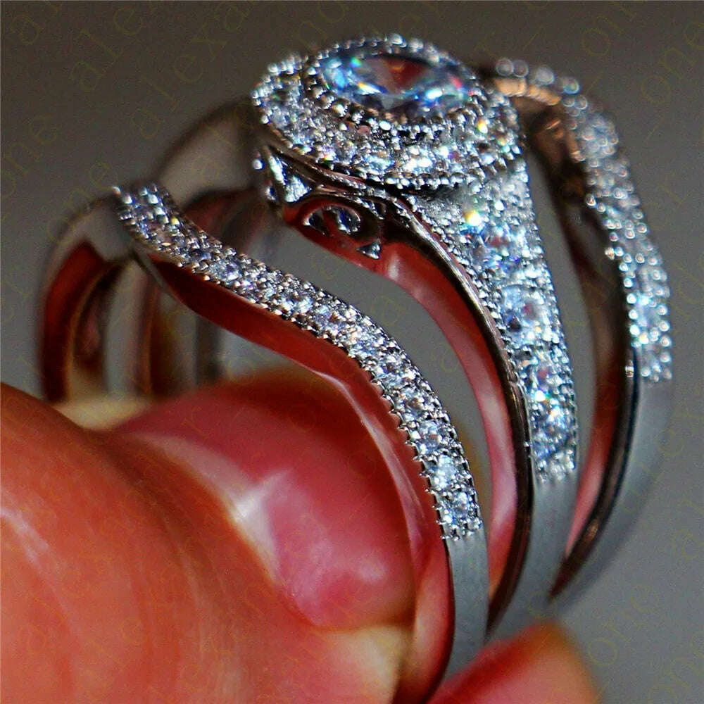 3Pcs/Set 2019 Luxury Round Cut AAA Zircon Crystal Rings For Women 925 Sterling Sliver Wedding Female Rings Set Jewelry - KIMLUD