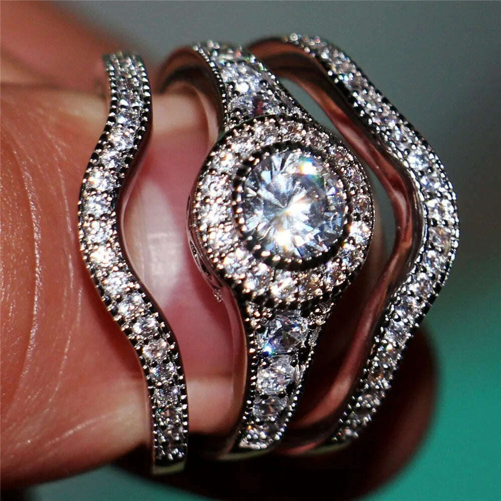 3Pcs/Set 2019 Luxury Round Cut AAA Zircon Crystal Rings For Women 925 Sterling Sliver Wedding Female Rings Set Jewelry - KIMLUD