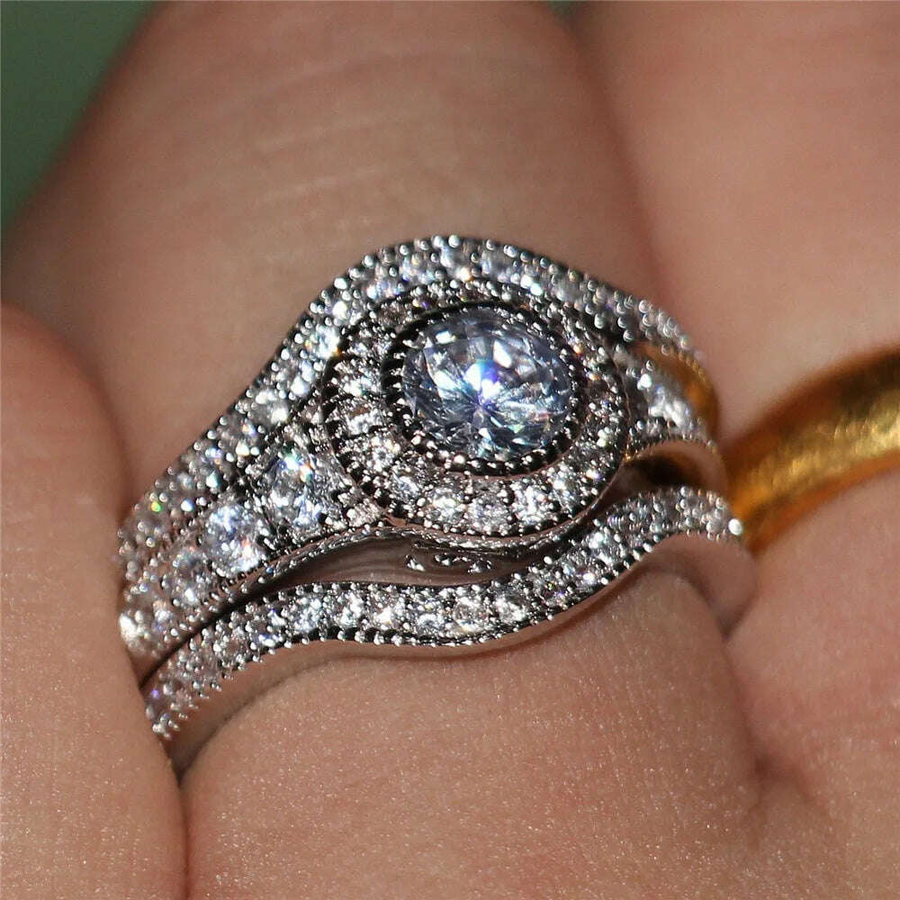 3Pcs/Set 2019 Luxury Round Cut AAA Zircon Crystal Rings For Women 925 Sterling Sliver Wedding Female Rings Set Jewelry - KIMLUD