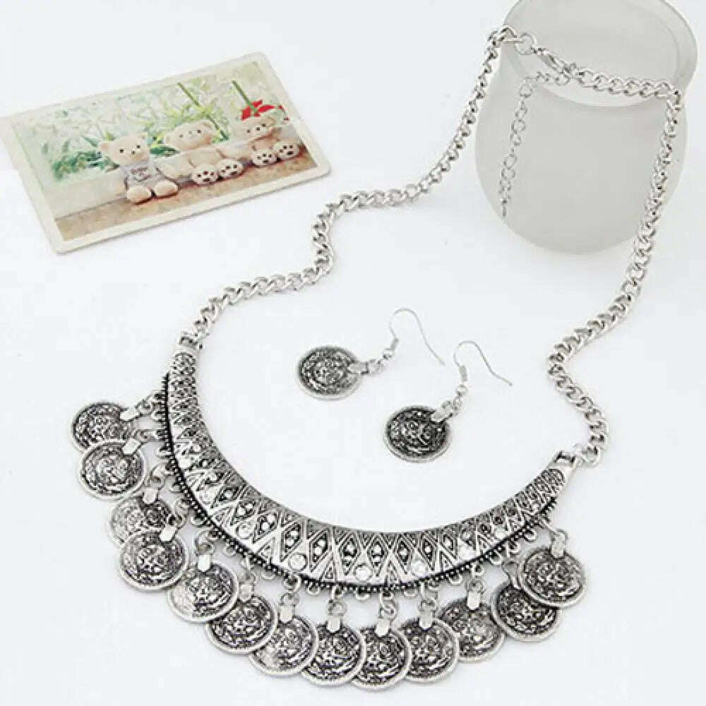 KIMLUD, 3pcs/set Jewelry Sets Pendant Necklace Earrings Jewelry Set Women's Vintage Coin Style Choker Necklace Hook Earrings, KIMLUD Womens Clothes
