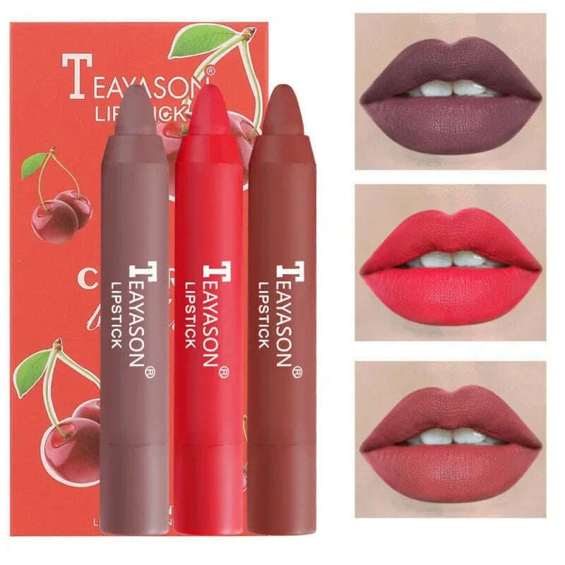 KIMLUD, 3PCS/set Velvet Matte Lipstick Pen Cosmetics Waterproof Lasting Nude Crayon Lipsticks Non Sticky Brown Lip Liner Pencil Makeup, 3PCS C, KIMLUD Womens Clothes