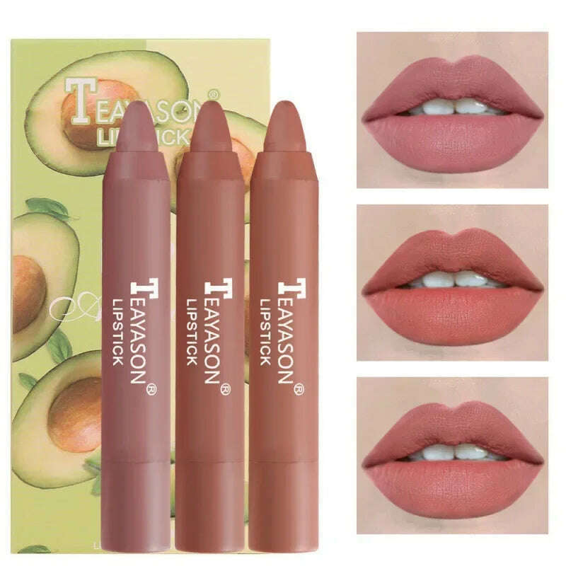 KIMLUD, 3PCS/set Velvet Matte Lipstick Pen Cosmetics Waterproof Lasting Nude Crayon Lipsticks Non Sticky Brown Lip Liner Pencil Makeup, 3PCS B, KIMLUD Women's Clothes