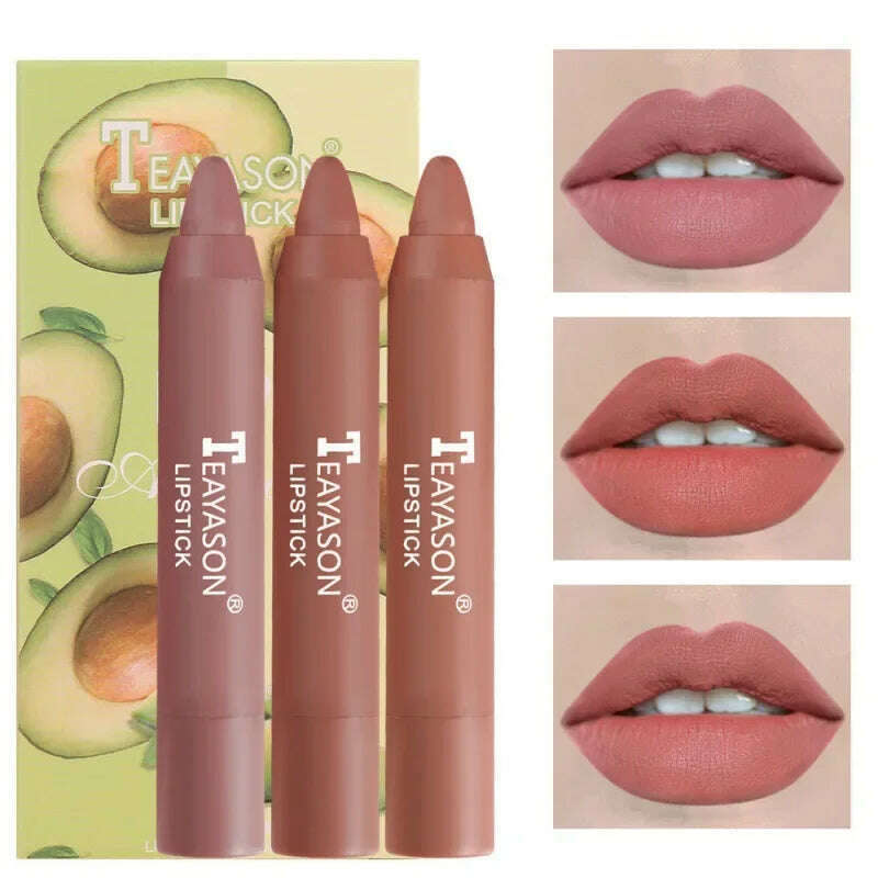 KIMLUD, 3PCS/set Velvet Matte Lipstick Pen Cosmetics Waterproof Lasting Nude Crayon Lipsticks Non Sticky Brown Lip Liner Pencil Makeup, 3PCS B, KIMLUD Womens Clothes