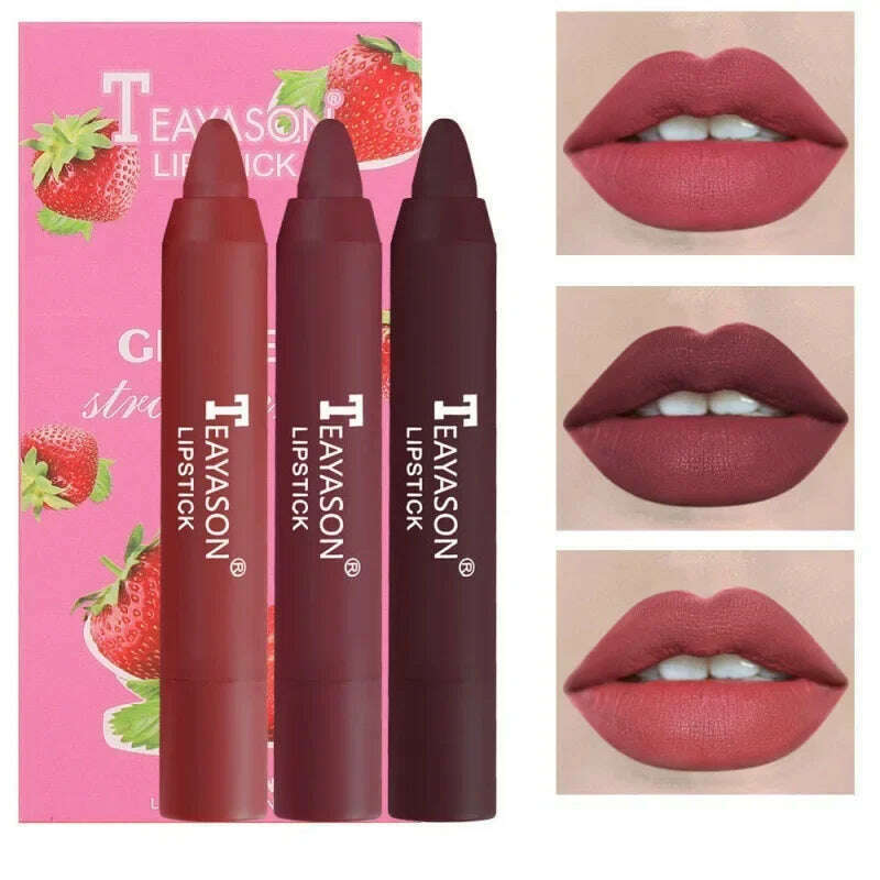 KIMLUD, 3PCS/set Velvet Matte Lipstick Pen Cosmetics Waterproof Lasting Nude Crayon Lipsticks Non Sticky Brown Lip Liner Pencil Makeup, 3PCS D, KIMLUD Women's Clothes