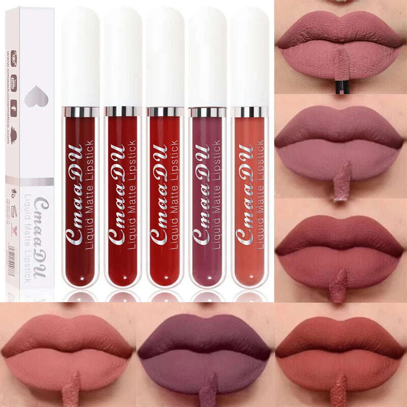 KIMLUD, 3Pcs/Set Waterproof Matte Nude Lip Gloss Brown Nude Pigment Dark Red Long Lasting Velvet Liquid Lipstick Women Makeup Lip Glaze, KIMLUD Womens Clothes