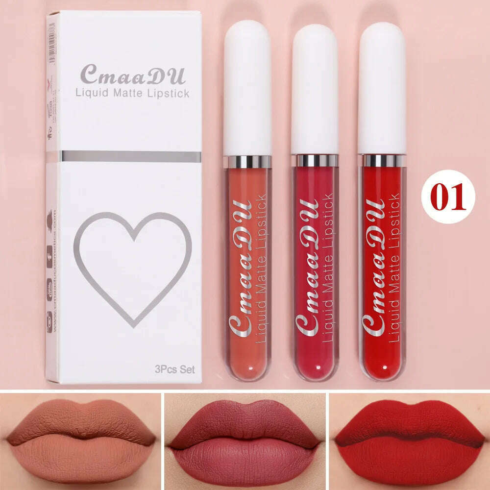 KIMLUD, 3Pcs/Set Waterproof Matte Nude Lip Gloss Brown Nude Pigment Dark Red Long Lasting Velvet Liquid Lipstick Women Makeup Lip Glaze, 3PCS set 01, KIMLUD Womens Clothes