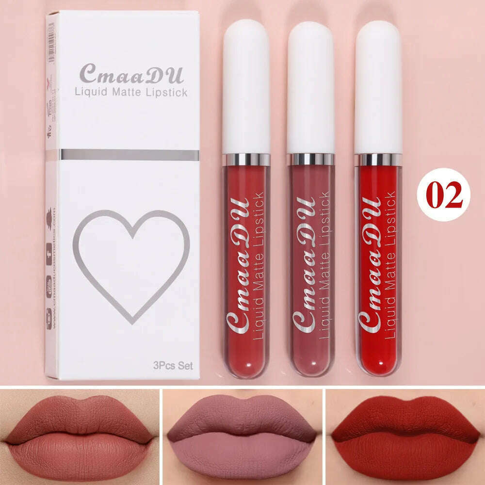 KIMLUD, 3Pcs/Set Waterproof Matte Nude Lip Gloss Brown Nude Pigment Dark Red Long Lasting Velvet Liquid Lipstick Women Makeup Lip Glaze, 3PCS set 02, KIMLUD Womens Clothes