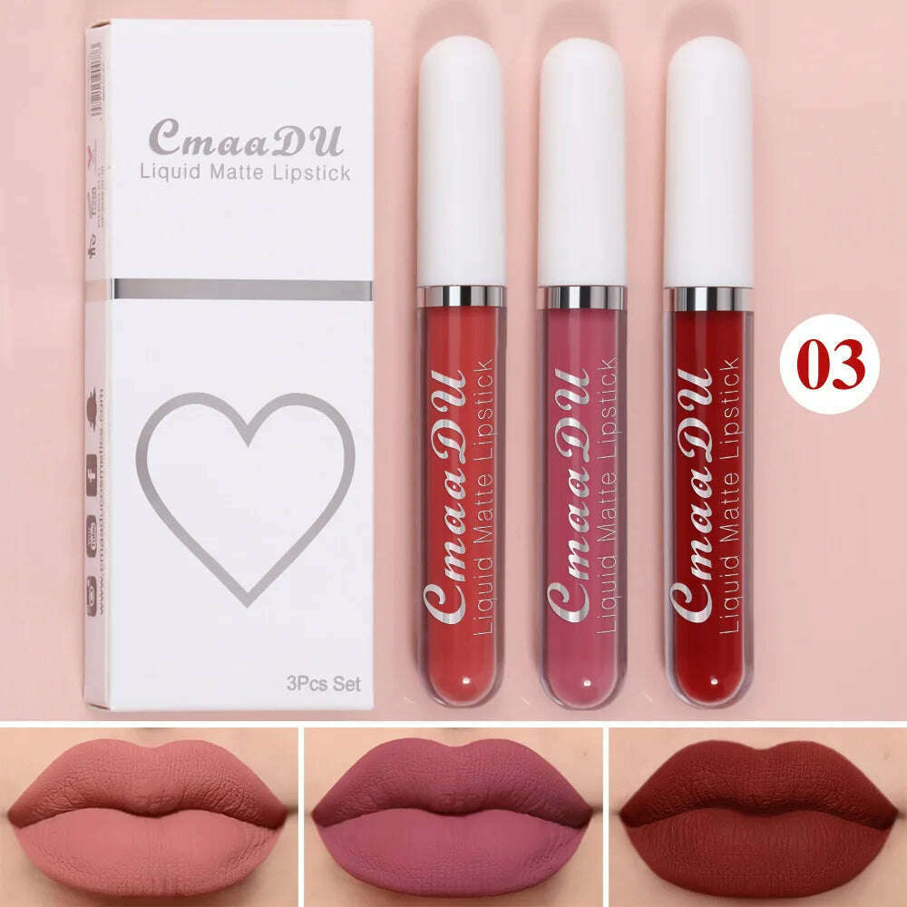 KIMLUD, 3Pcs/Set Waterproof Matte Nude Lip Gloss Brown Nude Pigment Dark Red Long Lasting Velvet Liquid Lipstick Women Makeup Lip Glaze, 3PCS set 03, KIMLUD Womens Clothes