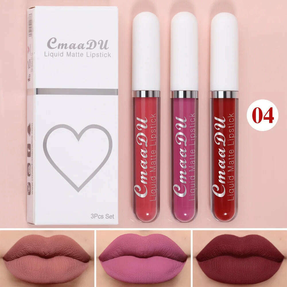 KIMLUD, 3Pcs/Set Waterproof Matte Nude Lip Gloss Brown Nude Pigment Dark Red Long Lasting Velvet Liquid Lipstick Women Makeup Lip Glaze, 3PCS set 04, KIMLUD Womens Clothes