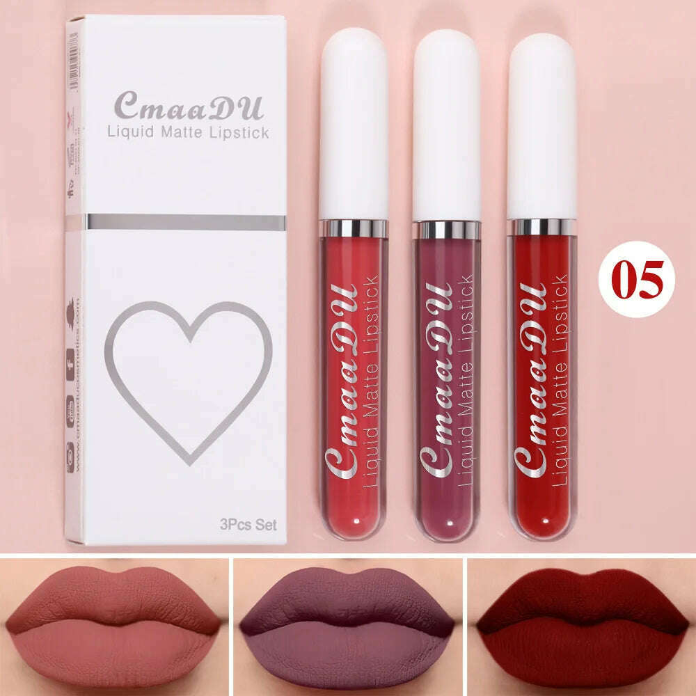 KIMLUD, 3Pcs/Set Waterproof Matte Nude Lip Gloss Brown Nude Pigment Dark Red Long Lasting Velvet Liquid Lipstick Women Makeup Lip Glaze, 3PCS set 05, KIMLUD Womens Clothes