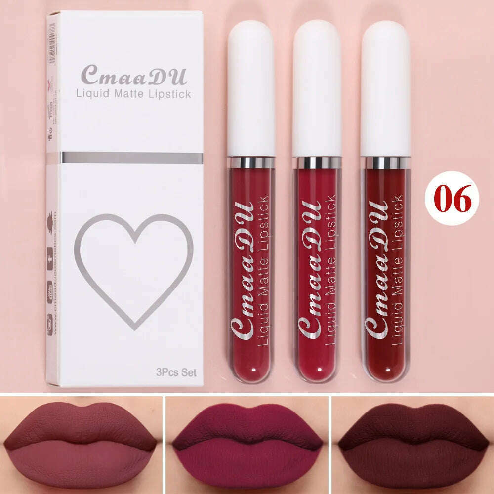 KIMLUD, 3Pcs/Set Waterproof Matte Nude Lip Gloss Brown Nude Pigment Dark Red Long Lasting Velvet Liquid Lipstick Women Makeup Lip Glaze, 3PCS set 06, KIMLUD Womens Clothes