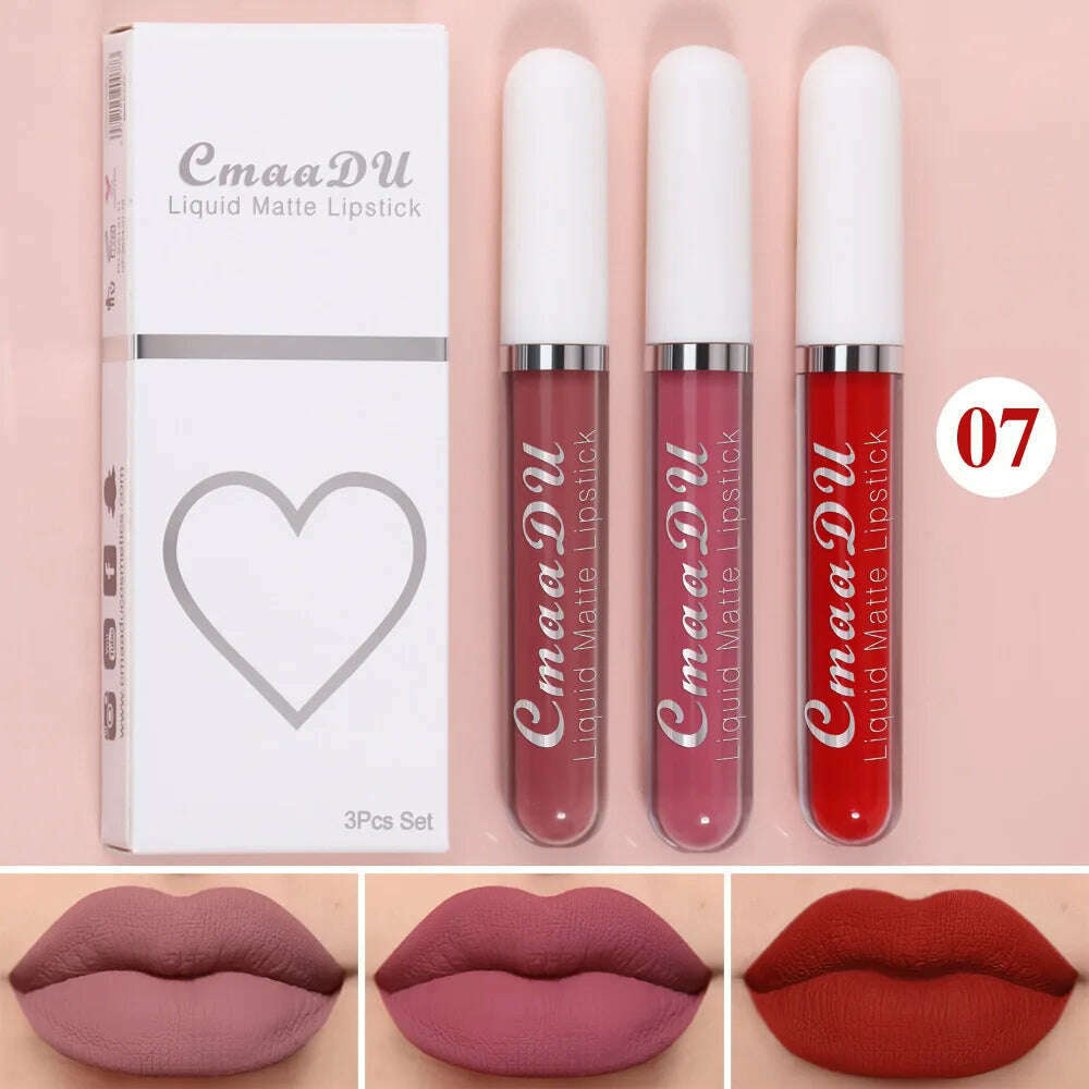 KIMLUD, 3Pcs/Set Waterproof Matte Nude Lip Gloss Brown Nude Pigment Dark Red Long Lasting Velvet Liquid Lipstick Women Makeup Lip Glaze, 3PCS set 07, KIMLUD Womens Clothes