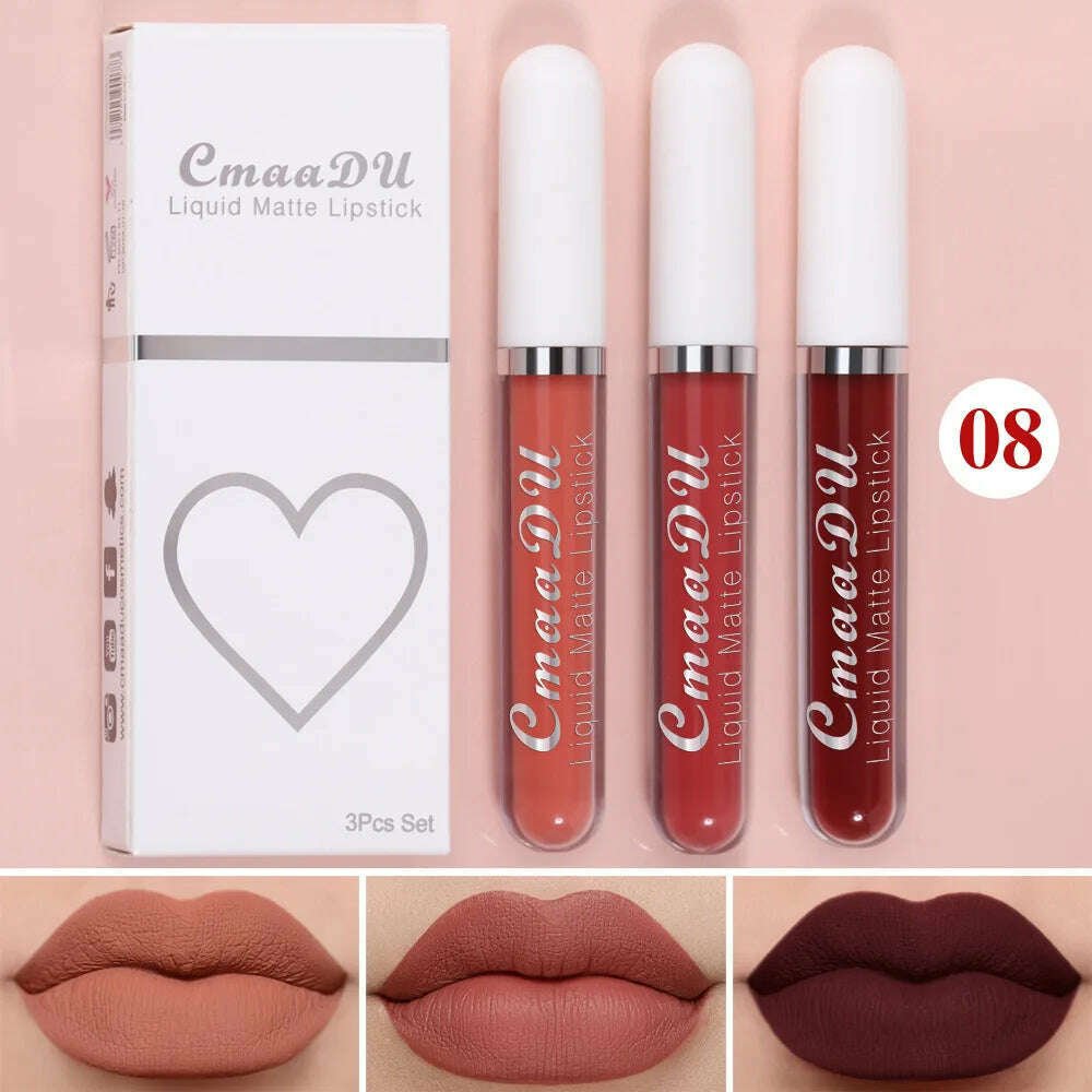 KIMLUD, 3Pcs/Set Waterproof Matte Nude Lip Gloss Brown Nude Pigment Dark Red Long Lasting Velvet Liquid Lipstick Women Makeup Lip Glaze, 3PCS set 08, KIMLUD Womens Clothes