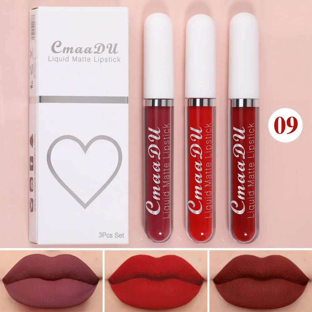 KIMLUD, 3Pcs/Set Waterproof Matte Nude Lip Gloss Brown Nude Pigment Dark Red Long Lasting Velvet Liquid Lipstick Women Makeup Lip Glaze, 3PCS set 09, KIMLUD Womens Clothes