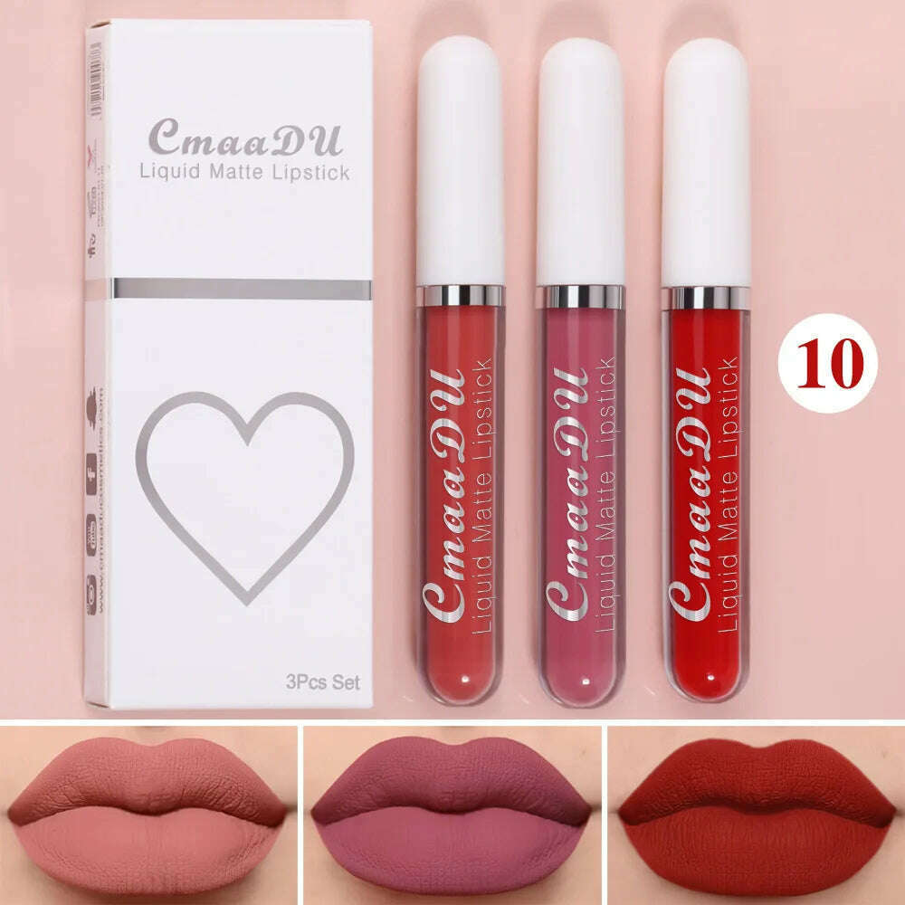 KIMLUD, 3Pcs/Set Waterproof Matte Nude Lip Gloss Brown Nude Pigment Dark Red Long Lasting Velvet Liquid Lipstick Women Makeup Lip Glaze, 3PCS set 10, KIMLUD Womens Clothes