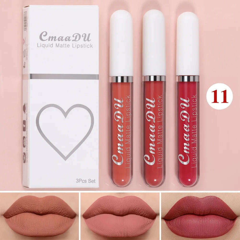 KIMLUD, 3Pcs/Set Waterproof Matte Nude Lip Gloss Brown Nude Pigment Dark Red Long Lasting Velvet Liquid Lipstick Women Makeup Lip Glaze, 3PCS set 11, KIMLUD Womens Clothes