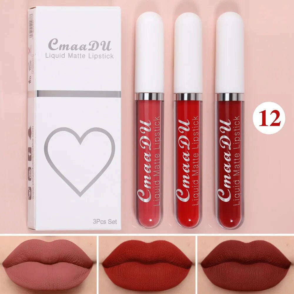 KIMLUD, 3Pcs/Set Waterproof Matte Nude Lip Gloss Brown Nude Pigment Dark Red Long Lasting Velvet Liquid Lipstick Women Makeup Lip Glaze, 3PCS set 12, KIMLUD Womens Clothes