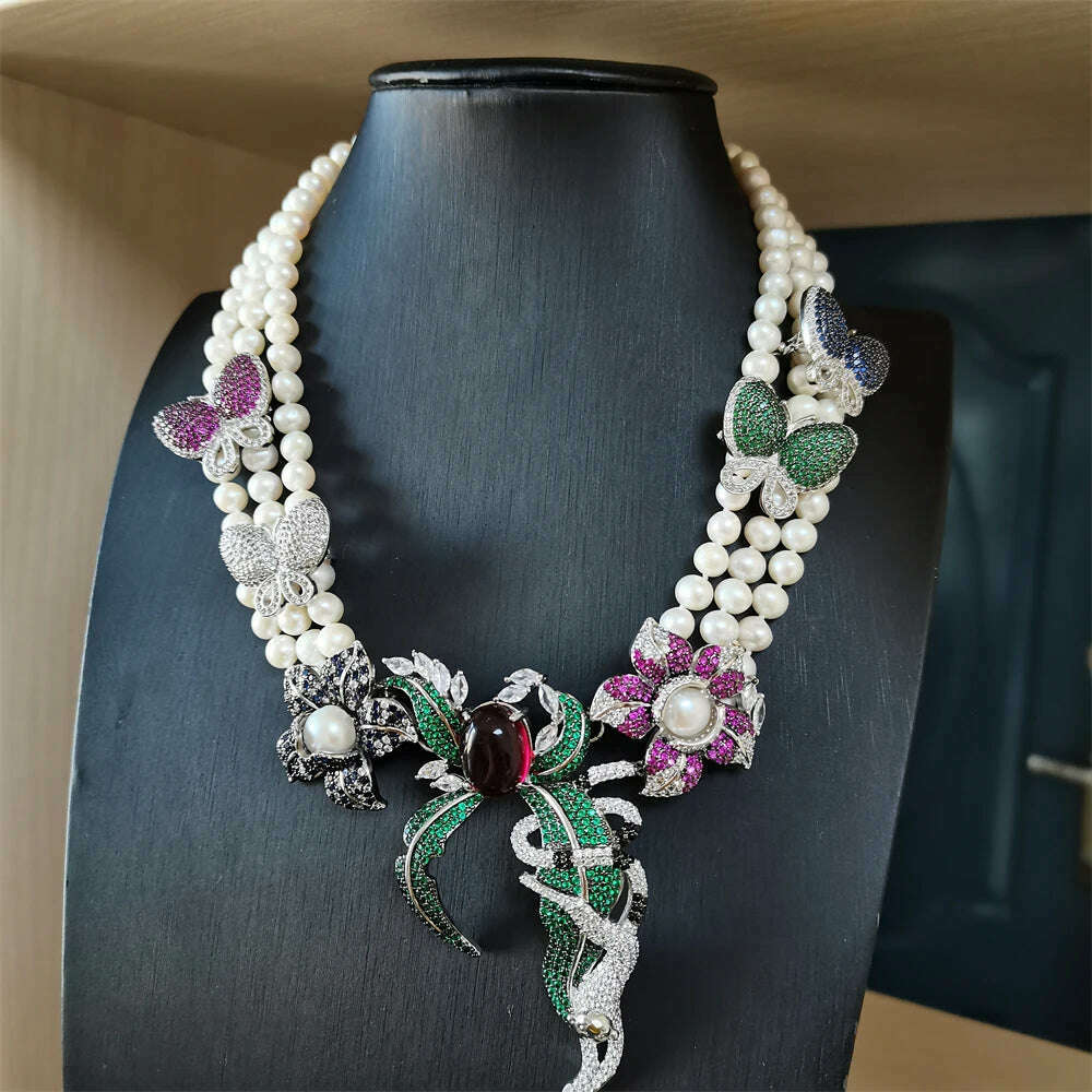 3rows 7-8mm white freshwater pearl necklace earrings set 45-50cm butterfly flower micro inlay zircon accessory - KIMLUD