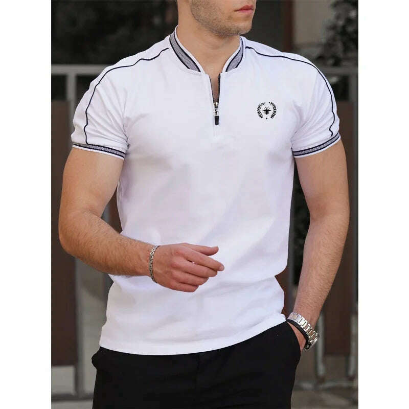 4 Colors ! 2023 Summer Men's New T-shirt Stand Neck Zipper Decoration Half Open Neck T-shirts High Quality Casual Short Sleeve T - KIMLUD