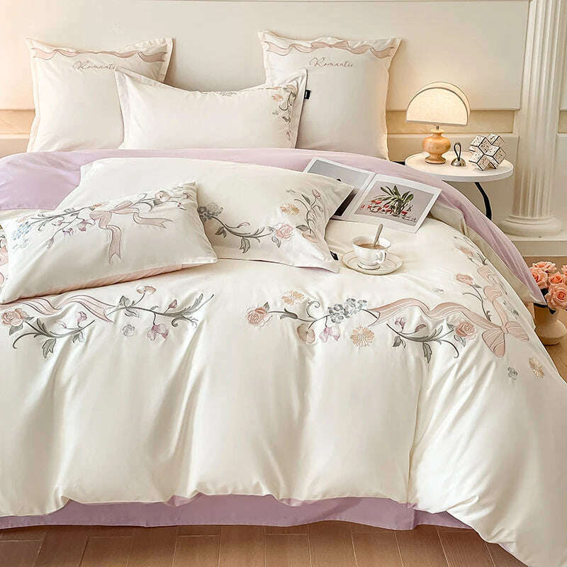 KIMLUD, 4 pieces Luxury cotton bed linen Embroidered comforter bedding set couple duvet Quilt cover set double sheets set Pillow case, Elegant White / 4pcs for 1.8m bed / Flat Bed Sheet, KIMLUD APPAREL - Womens Clothes