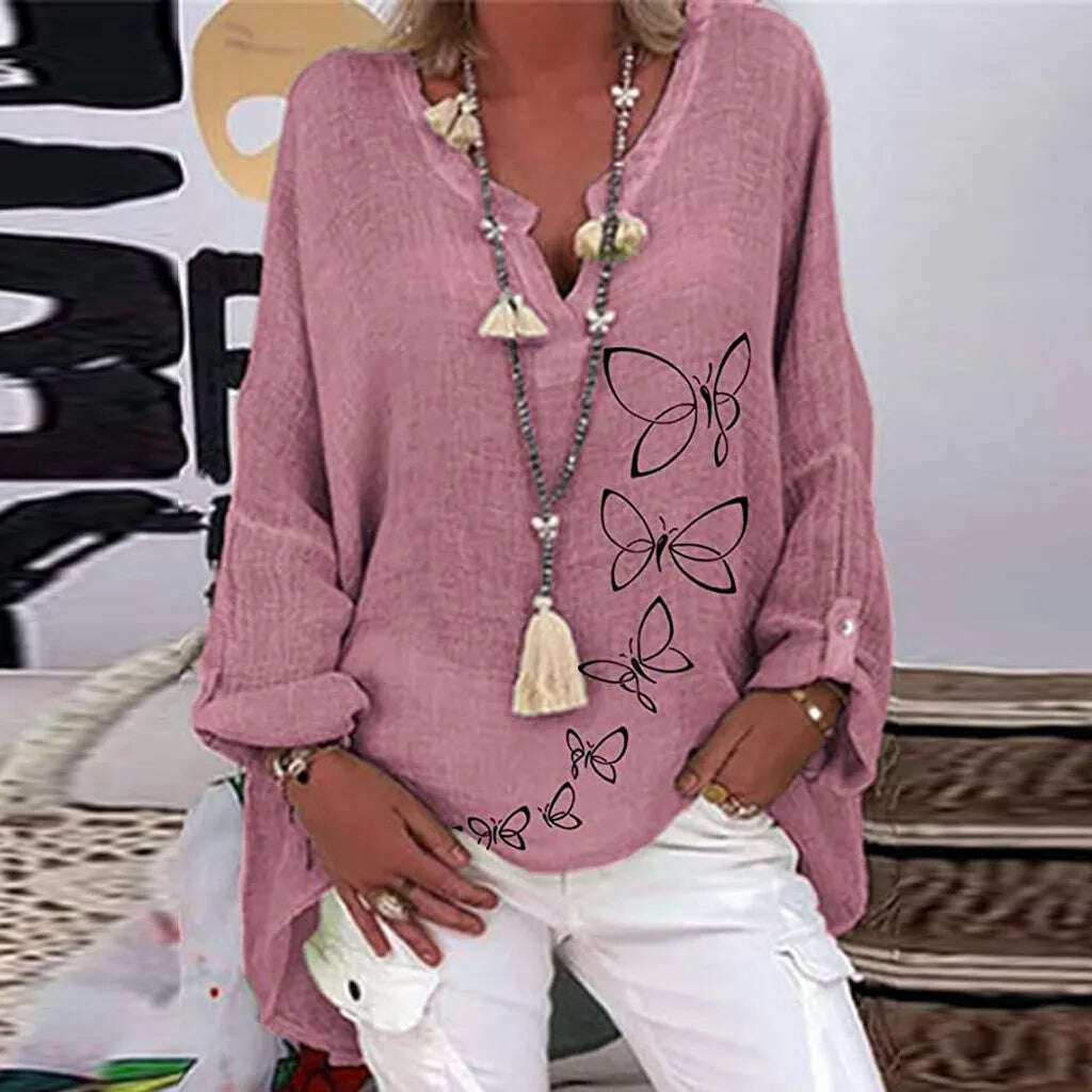 KIMLUD, 40# Vintage Cotton Linen Blouses Women Elegant Casual Floral Print Plus Size Shirt Long Sleeve V-neck Top Blusas Mujer De Moda, KIMLUD Womens Clothes