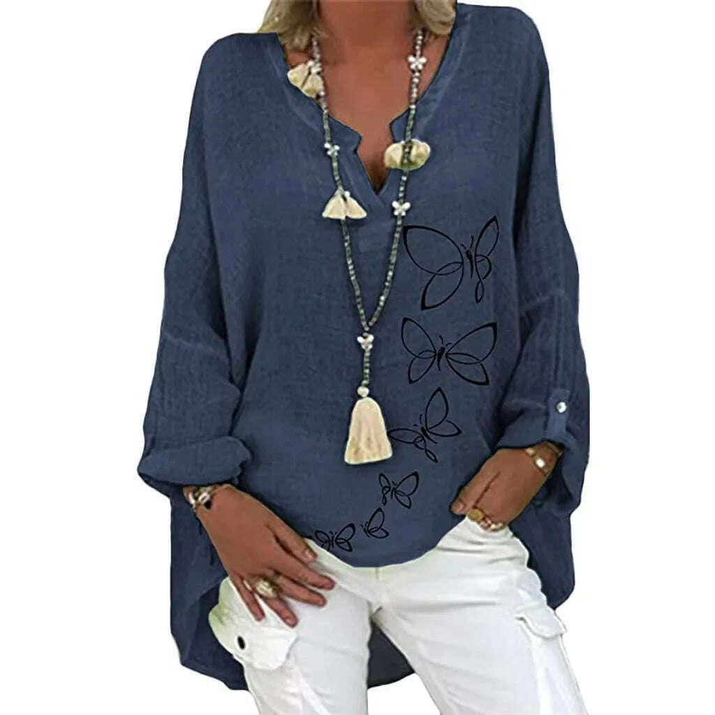 KIMLUD, 40# Vintage Cotton Linen Blouses Women Elegant Casual Floral Print Plus Size Shirt Long Sleeve V-neck Top Blusas Mujer De Moda, NY / M / United States, KIMLUD APPAREL - Womens Clothes